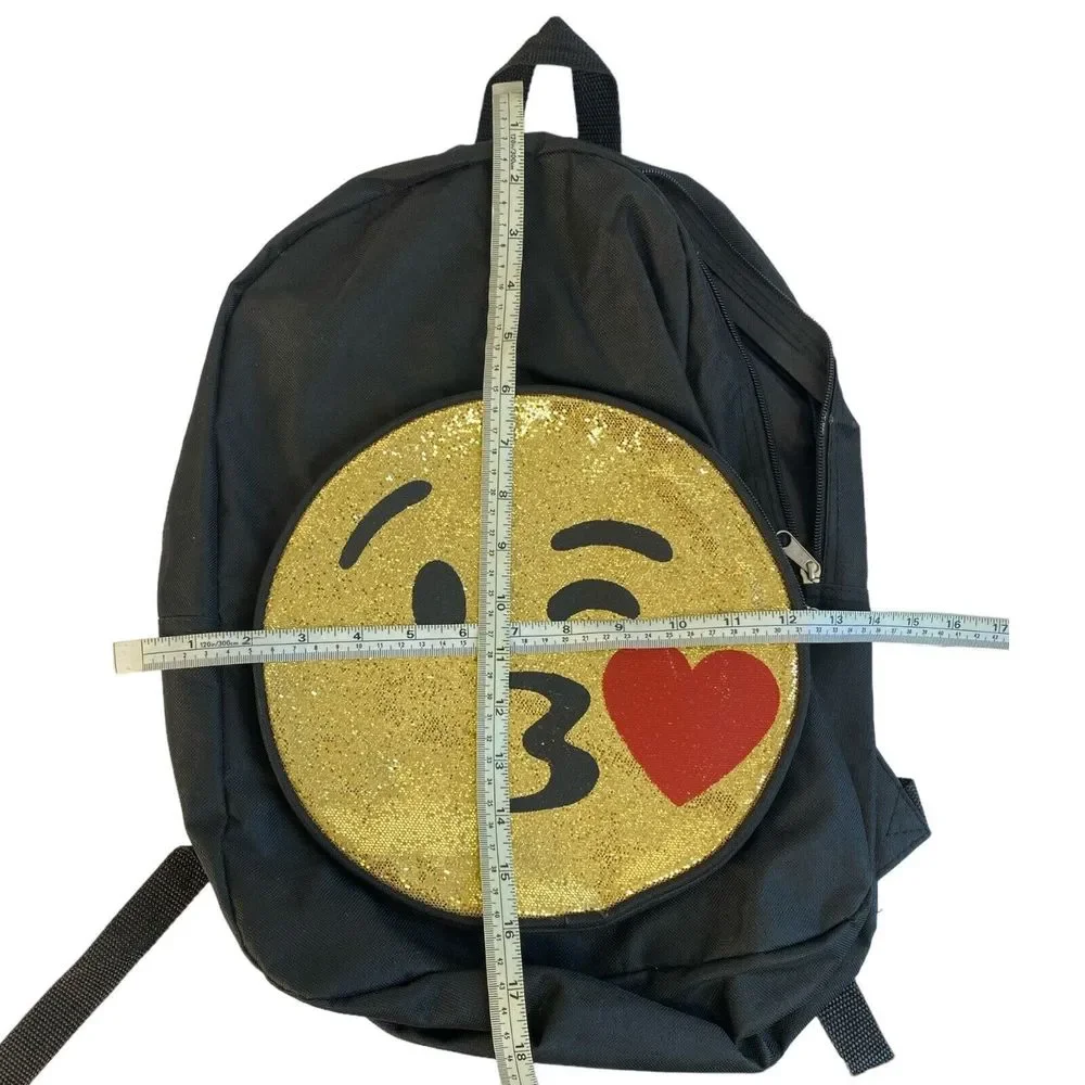 Kids Emoji Backpack Kiss‎ Face Sequin School Bag Black Gold Heart Cute B72Q